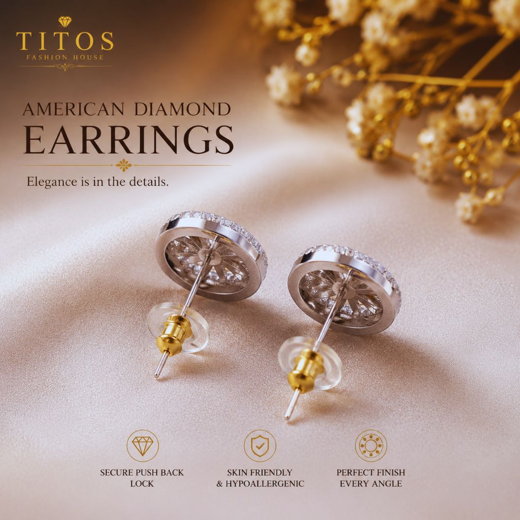 Titos Fashion House Radiant Halo American Diamond Stud Earrings for Women