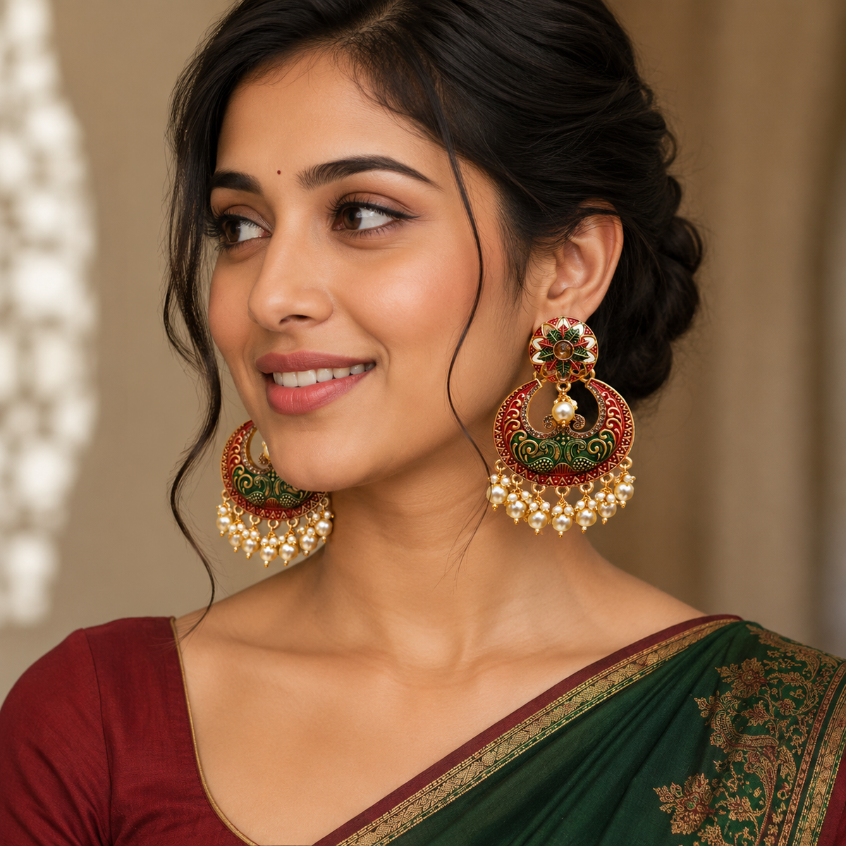 Traditional Multicolor Imitation Chandbali Earrings with Pearl Drops