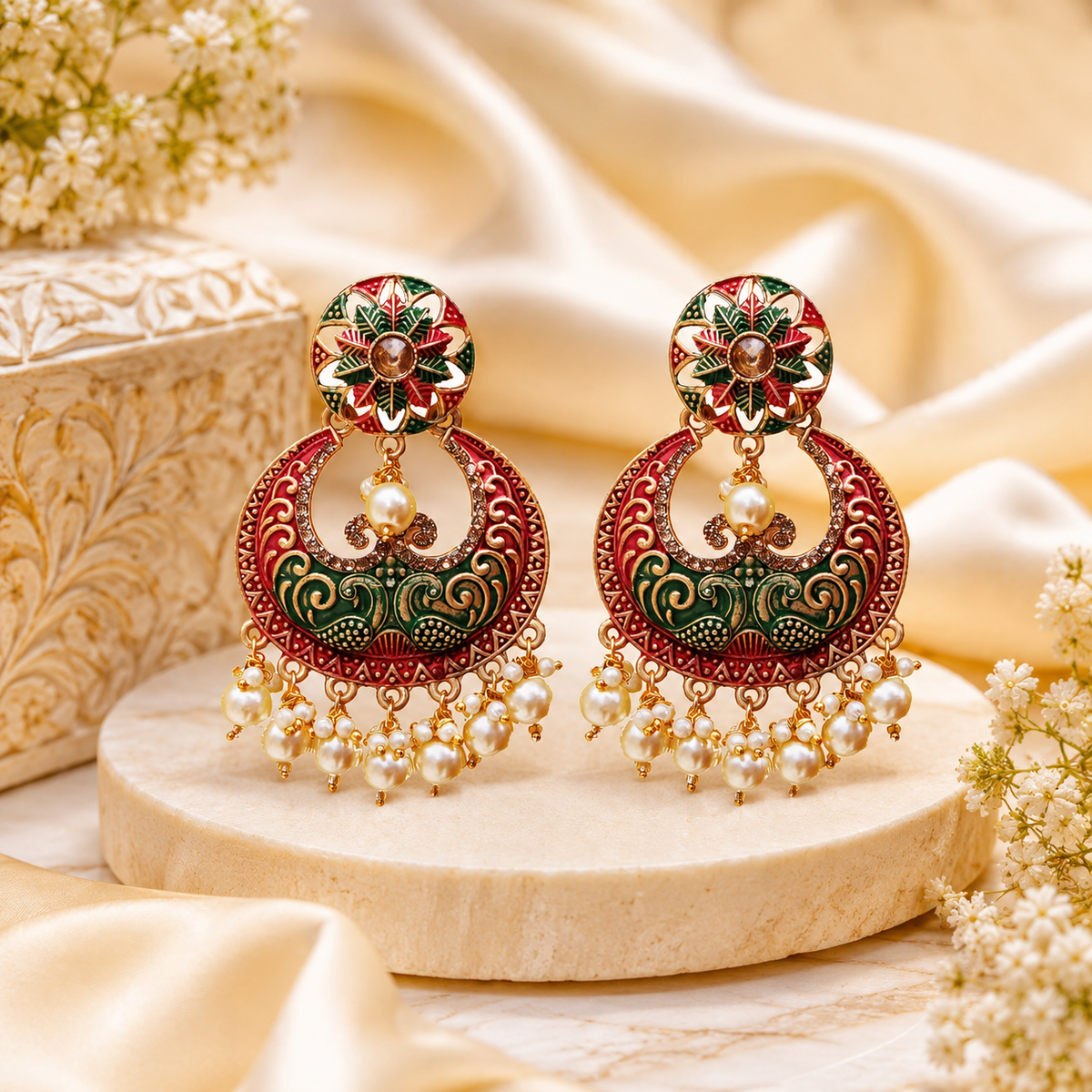 Traditional Multicolor Imitation Chandbali Earrings with Pearl Drops