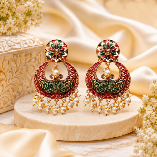 Ornate earrings with green and red design on a beige surface with flowers.