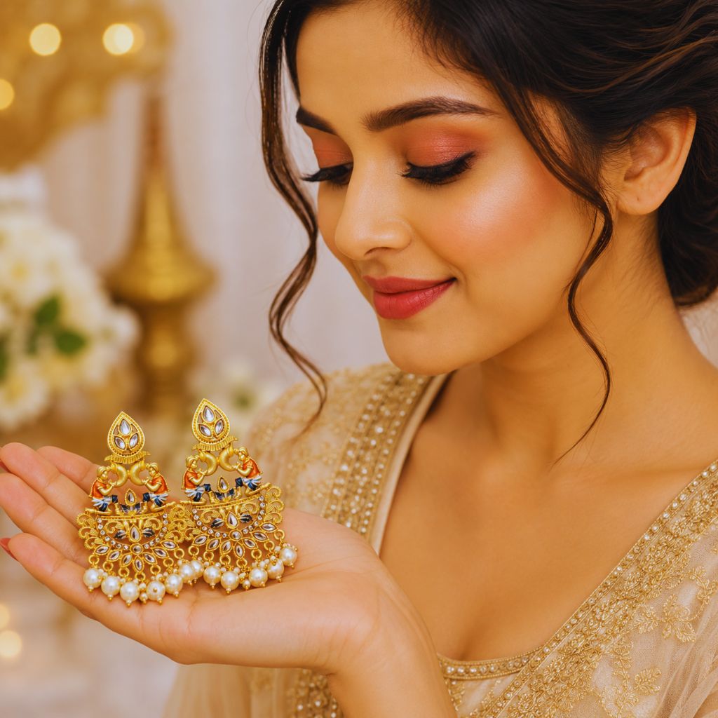 Traditional Pearl Drop Designer Chandbali Earrings for Women | Gold Plated Ethnic Party Wear Earrings