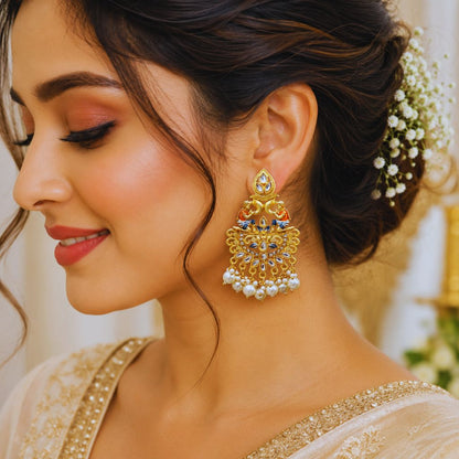 Woman wearing gold earrings with a blurred background