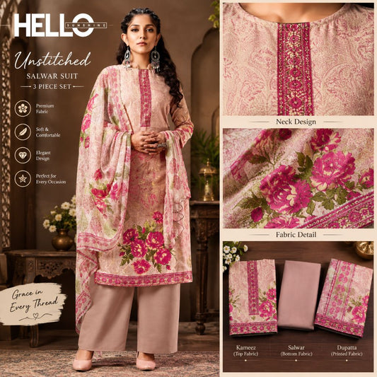 A woman models a pink floral printed unstitched salwar suit set in a warm indoor setting, with three inset detail panels showing the neck design, fabric print, and folded fabric pieces. Text on the left reads 'HELLO Unstitched Salwar Suit 3 Piece Set' with feature icons.