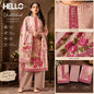A woman models a pink floral printed unstitched salwar suit set in a warm indoor setting, with three inset detail panels showing the neck design, fabric print, and folded fabric pieces. Text on the left reads 'HELLO Unstitched Salwar Suit 3 Piece Set' with feature icons.