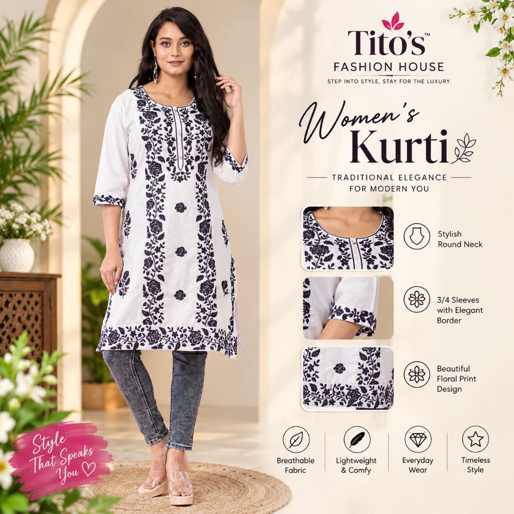 A woman models a white and navy floral print women's kurta from Tito's Fashion House, standing in a styled indoor setting. The right side of the image features product details, including a round neck, 3/4 sleeves, and a floral border print, with icons highlighting key features like breathable fabric and lightweight comfort.