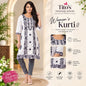 A woman models a white and navy floral print women's kurta from Tito's Fashion House, standing in a styled indoor setting. The right side of the image features product details, including a round neck, 3/4 sleeves, and a floral border print, with icons highlighting key features like breathable fabric and lightweight comfort.