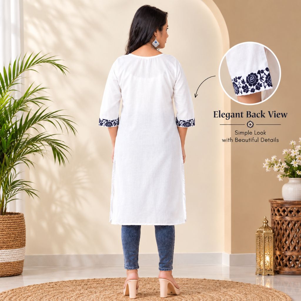 A woman stands with her back to the camera wearing a white knee-length kurta with navy blue floral embroidery on the sleeve cuffs, paired with blue jeans and beige heels. The image features a circular inset zooming in on the embroidery detail, with text overlays highlighting the elegant back view and simple look.