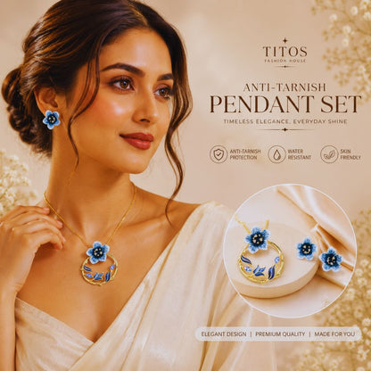 Woman wearing a floral pendant set with TITOS branding on a beige background