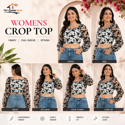 Woman wearing a patterned crop top with multiple views and product details.