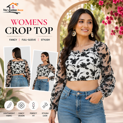 Woman wearing a floral crop top with text on a natural background