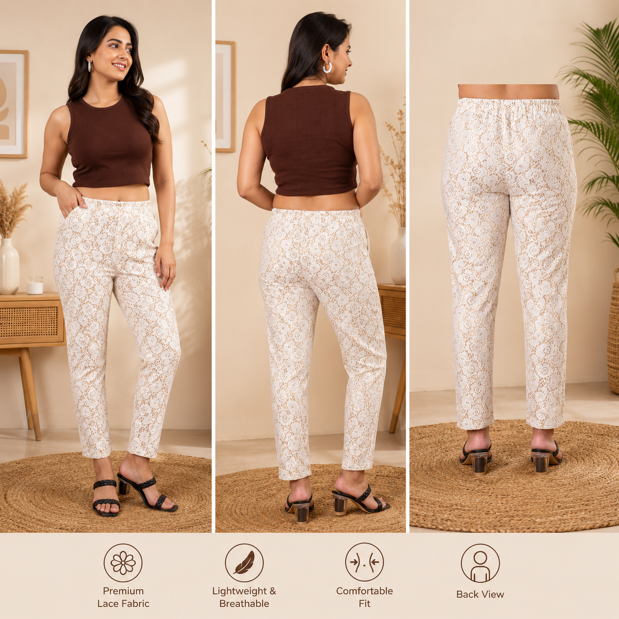 Women’s Premium Lace Printed Slim Fit Pant | Soft Stretch Casual Fashion Bottom