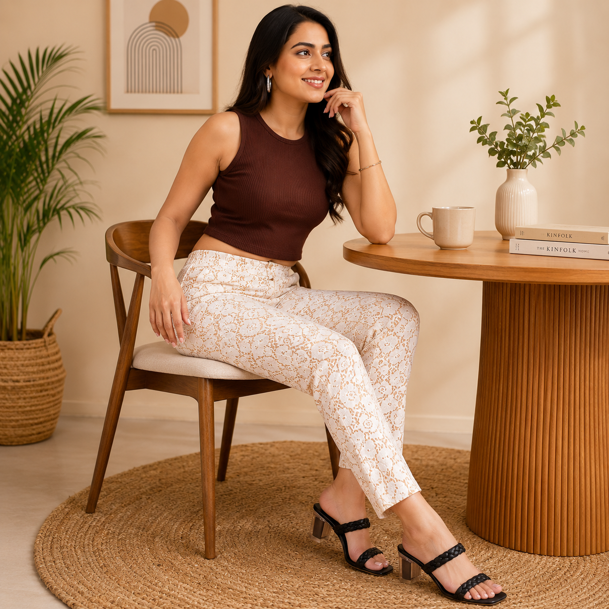 Women’s Premium Lace Printed Slim Fit Pant | Soft Stretch Casual Fashion Bottom