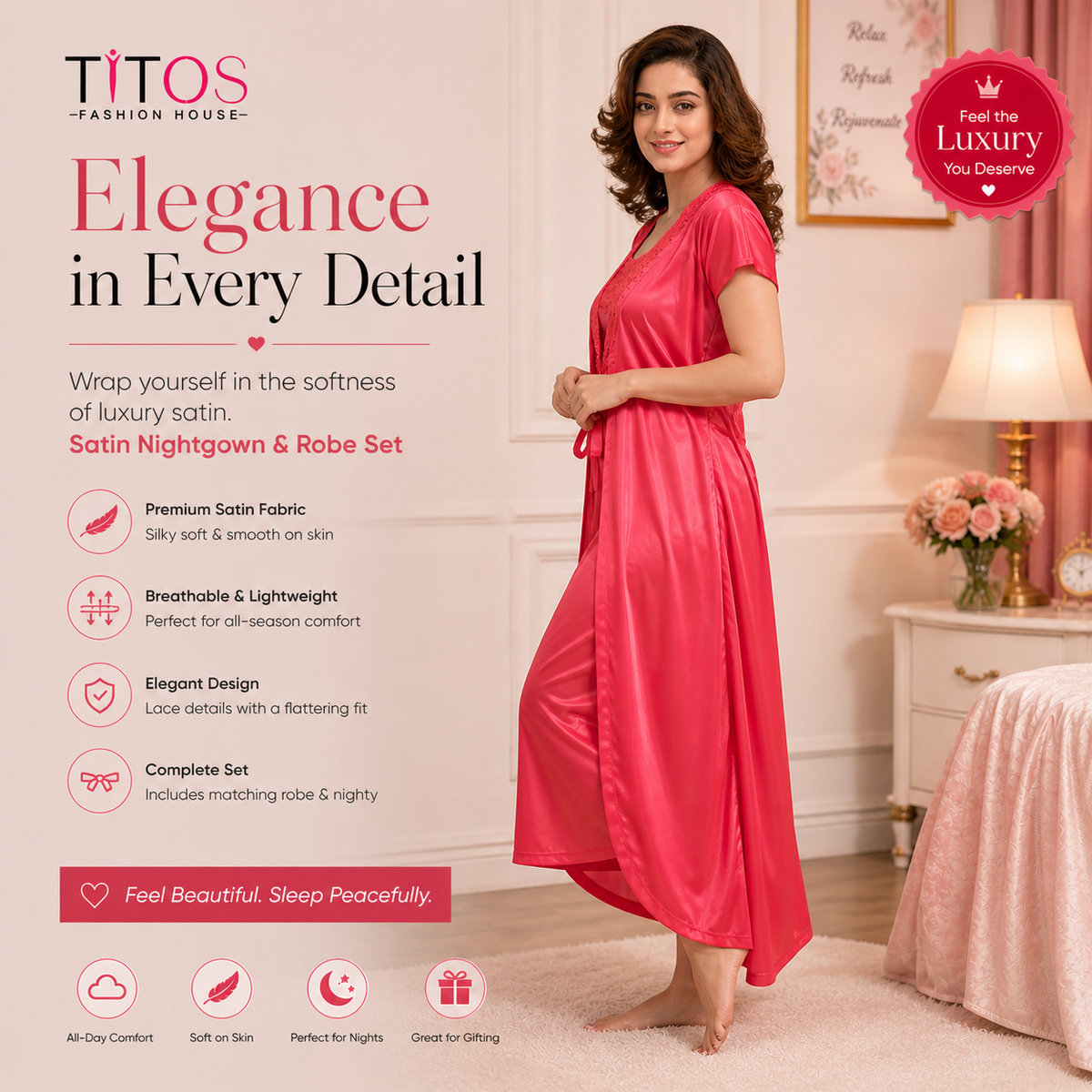 Women’s Satin Nighty & Robe Set – Elegant Soft Nightwear