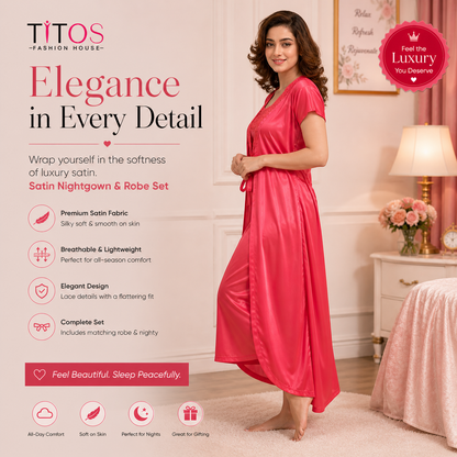 Woman wearing a red satin nightgown and robe set in a bedroom setting with TITOS branding.