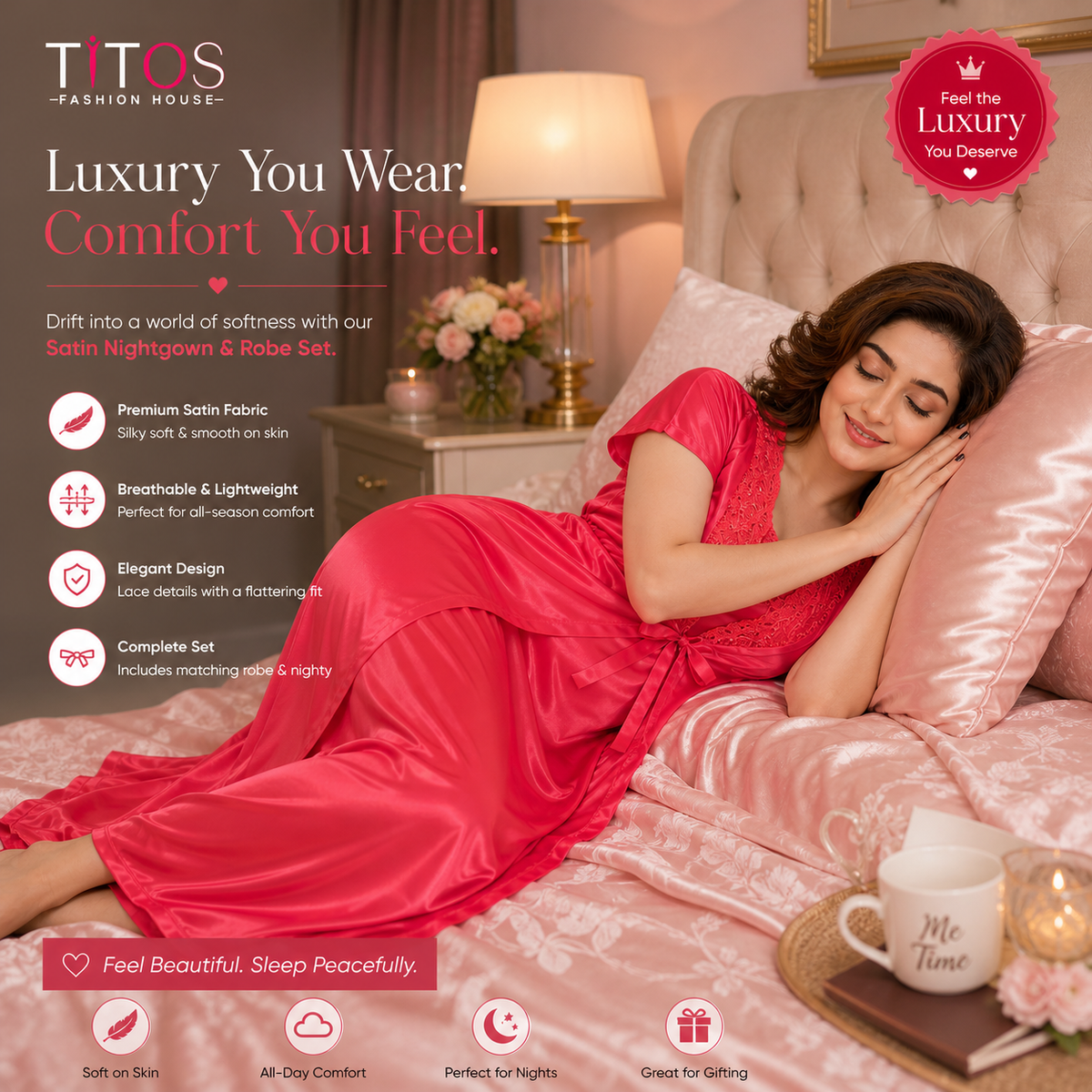 Women’s Satin Nighty & Robe Set – Elegant Soft Nightwear