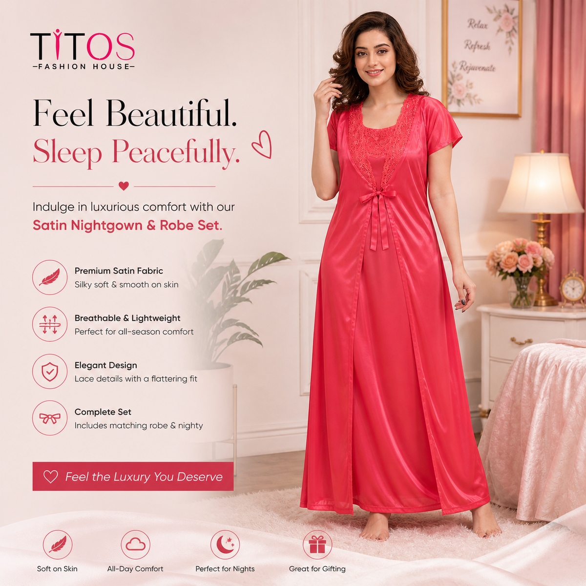 Women’s Satin Nighty & Robe Set – Elegant Soft Nightwear