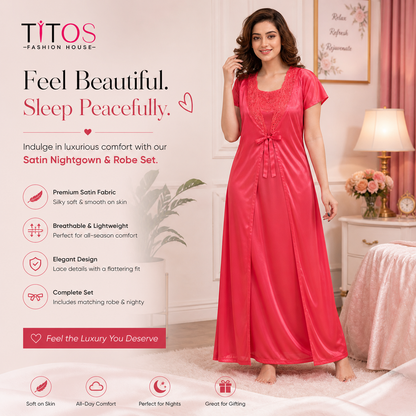 Woman wearing a pink satin nightgown in a bedroom setting with TITOS branding.