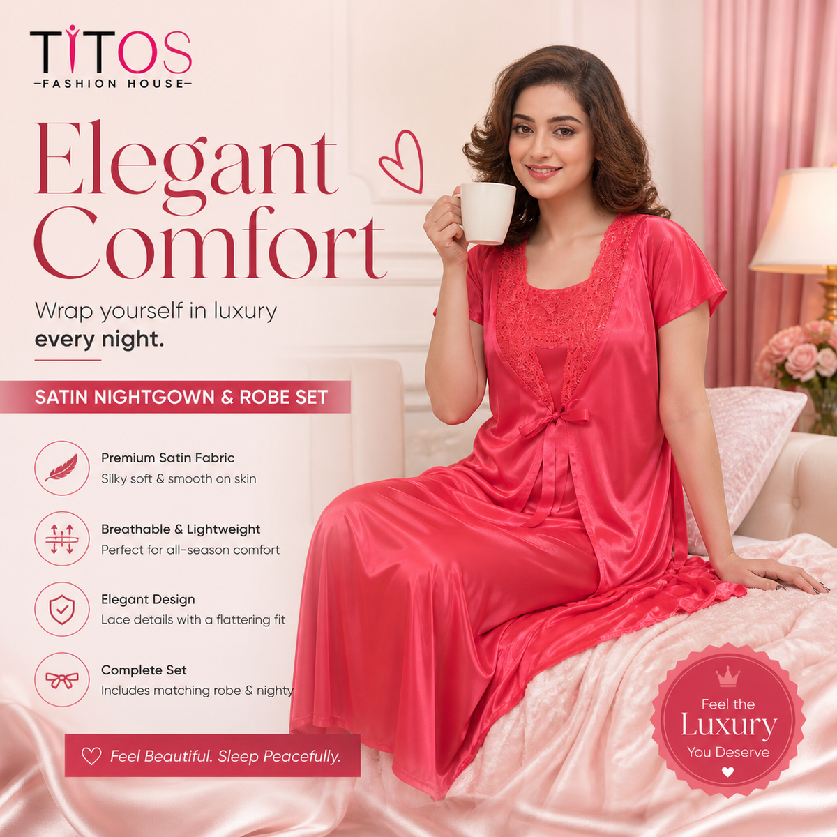 Women’s Satin Nighty & Robe Set – Elegant Soft Nightwear