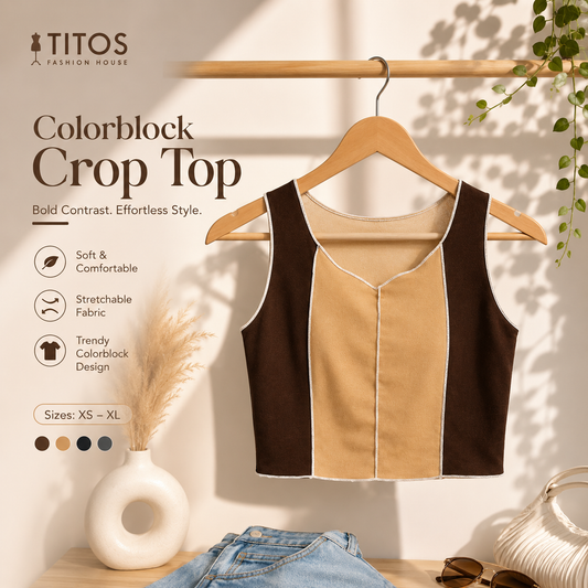 Colorblock crop top on a hanger with TITOS branding and product features listed.