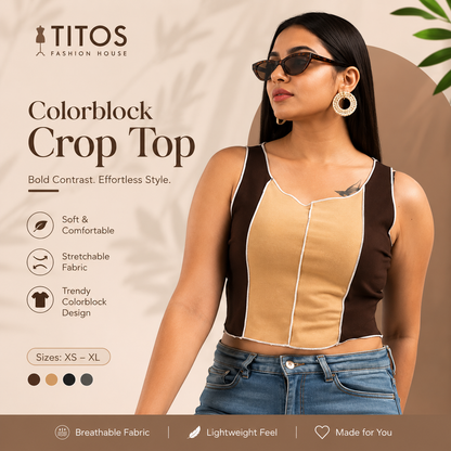 Woman wearing a colorblock crop top with TITOS Fashion House branding.