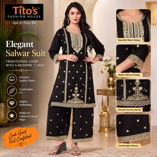 A woman modeling a black traditional Indian salwar suit with gold embroidery and gold dot patterns, shown in a styled indoor setting with product detail callouts on the right and marketing text on the left.