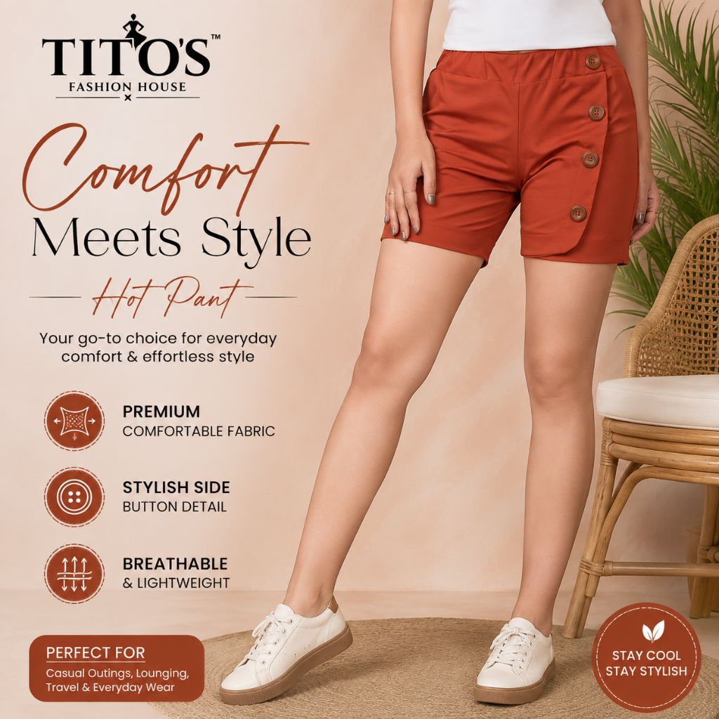 A model wearing rust-orange side-button comfort shorts from TITO'S FASHION HOUSE, shown from the waist down in a warm beige studio setting with promotional text overlays.