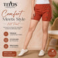 A model wearing rust-orange side-button comfort shorts from TITO'S FASHION HOUSE, shown from the waist down in a warm beige studio setting with promotional text overlays.