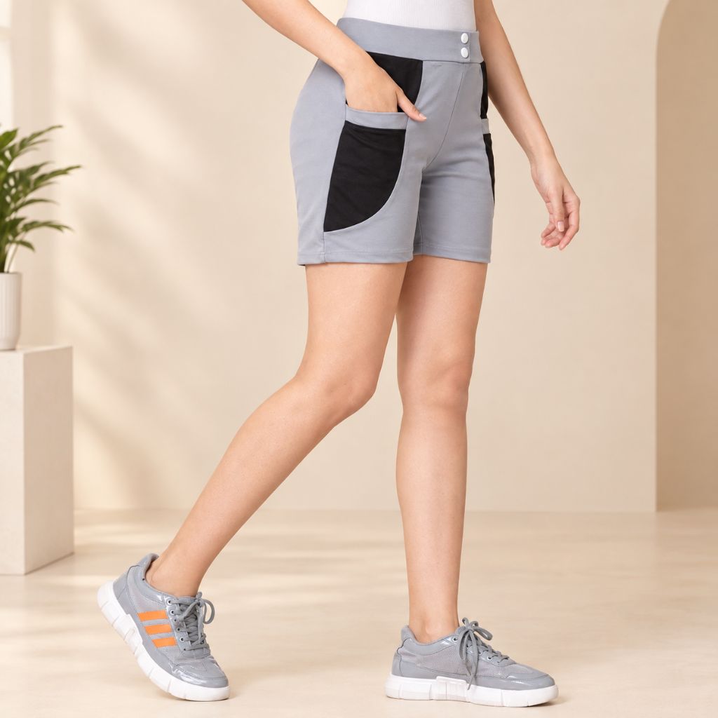 Women’s Grey & Black Stylish Sports Hot Pant with Contrast Side Panels & Pockets