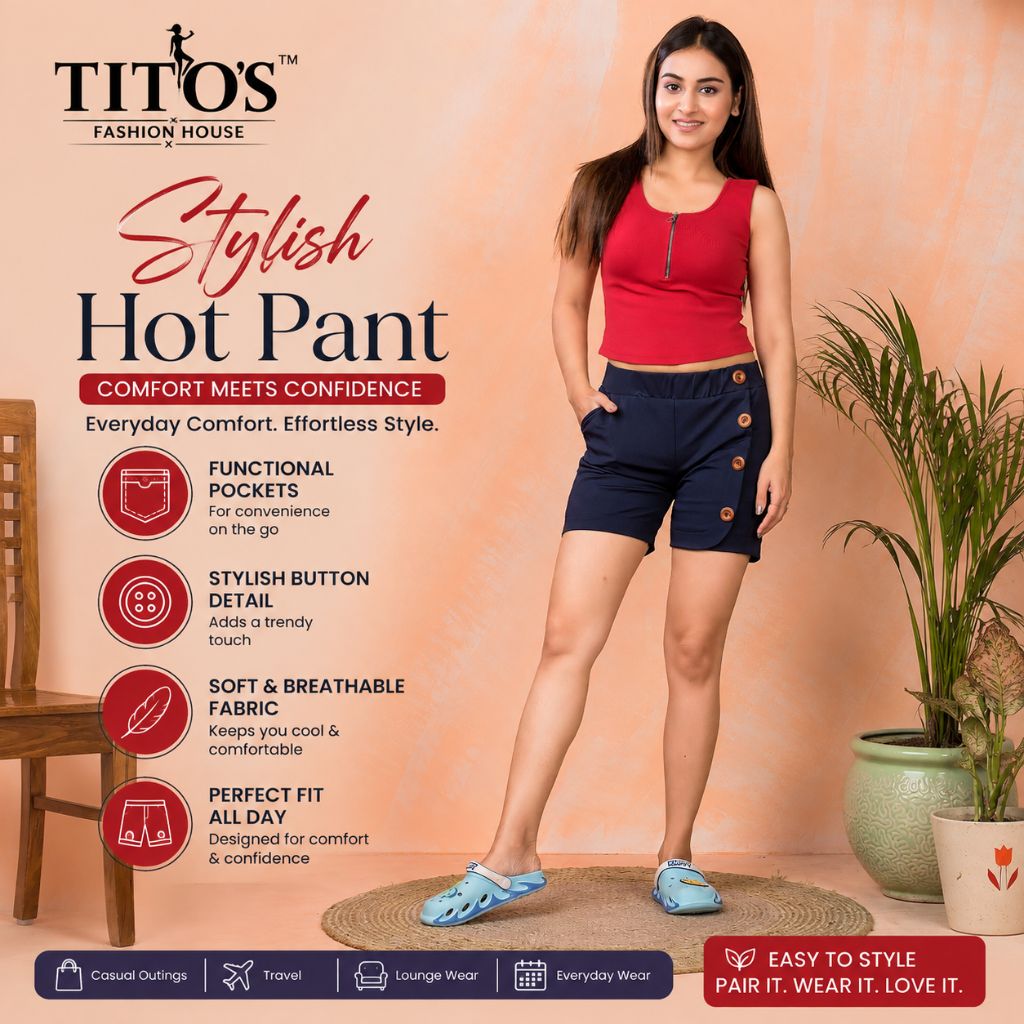 A woman modeling a pair of dark navy blue hot pants with decorative gold buttons, styled with a red sleeveless top and blue slide sandals. The image is a promotional graphic for 'TITO'S Fashion House' styled Hot Pant, featuring product details on the left and a potted plant on the right against a peach-colored background.