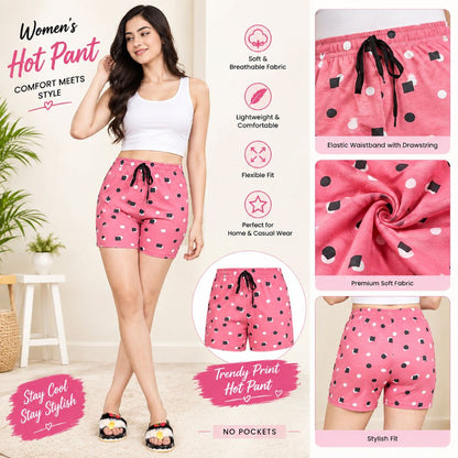 A promotional collage for women's hot pants featuring a model wearing pink drawstring shorts with a black, white, and pink geometric pattern. The collage includes close-up fabric detail shots, feature callouts, and fit claims on a light indoor background.