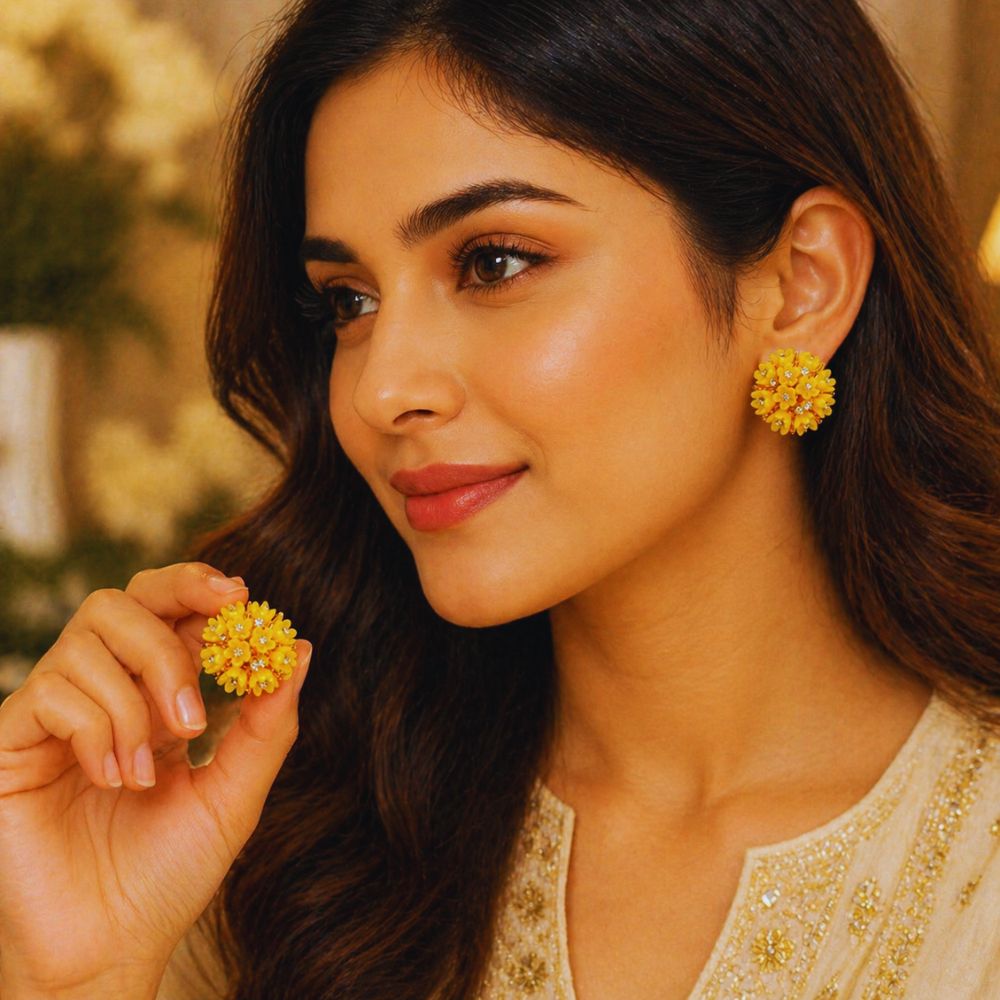 Yellow Floral Crystal Stud Earrings for Women | Premium Imitation Jewelry