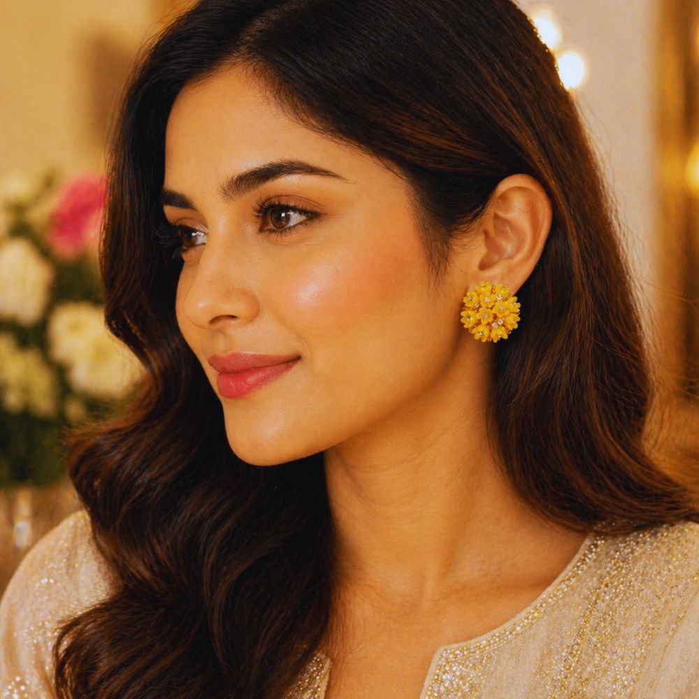 Yellow Floral Crystal Stud Earrings for Women | Premium Imitation Jewelry