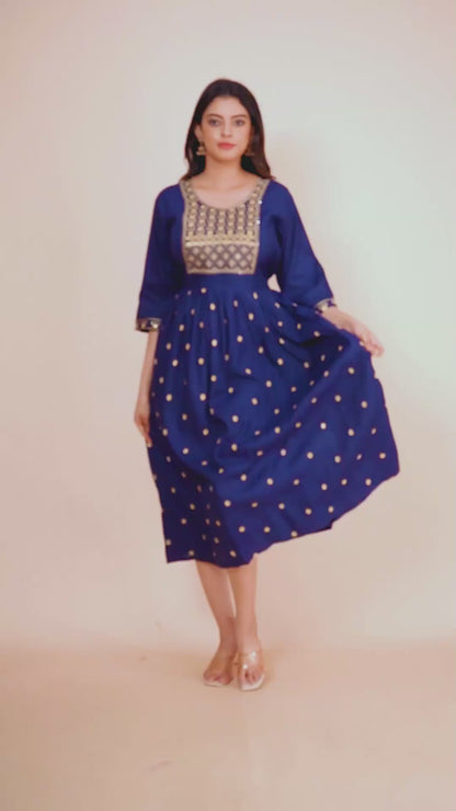 Elegant Navy Blue Embroidered Cotton Gown with Gold Motif