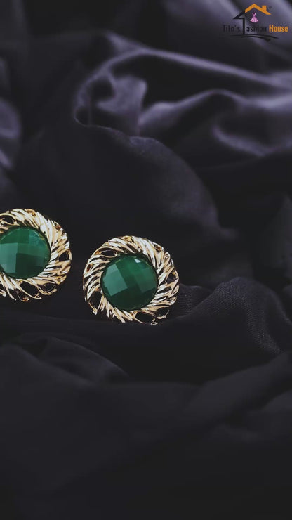 Anti-Tarnish Green Stone Gold Stud Earrings for Women & Girls | Statement Party Wear | Tito's Fashion House