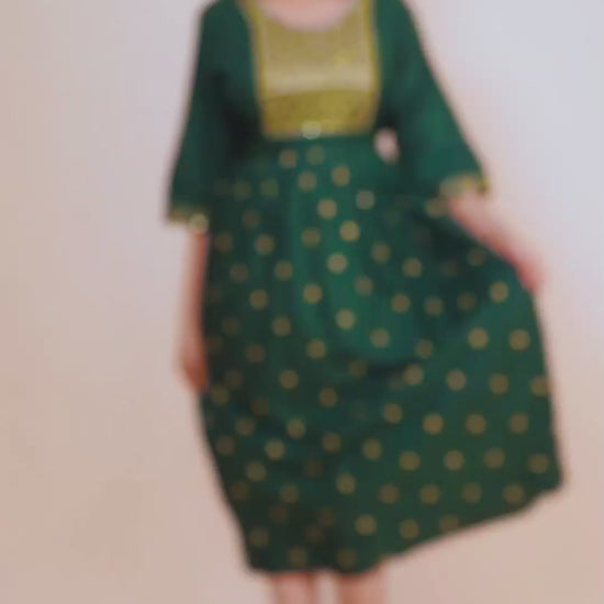 Elegant Green Embroidered Cotton Gown with Gold Motif