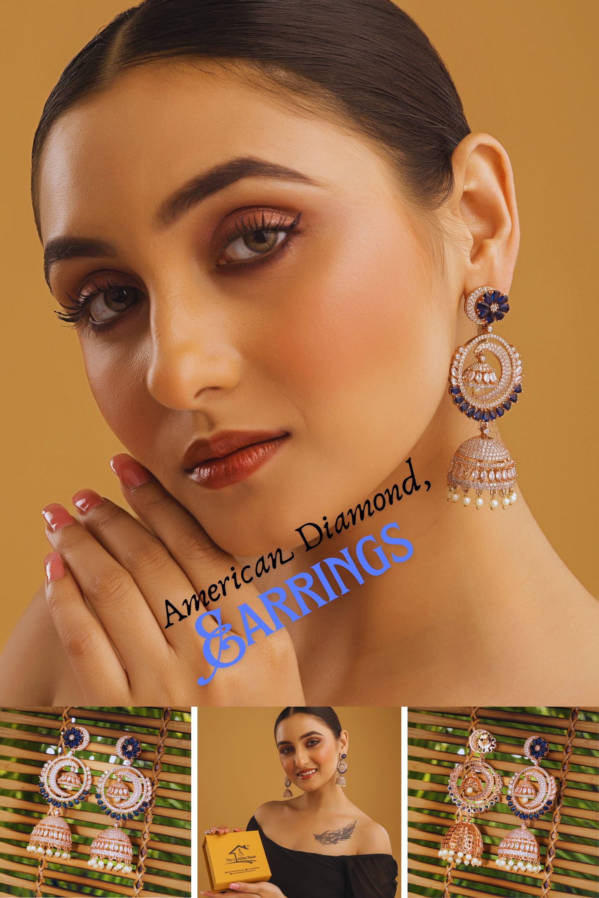 AmericanDiamondChandbaliJhumkaEarrings–Blue&RoseGold