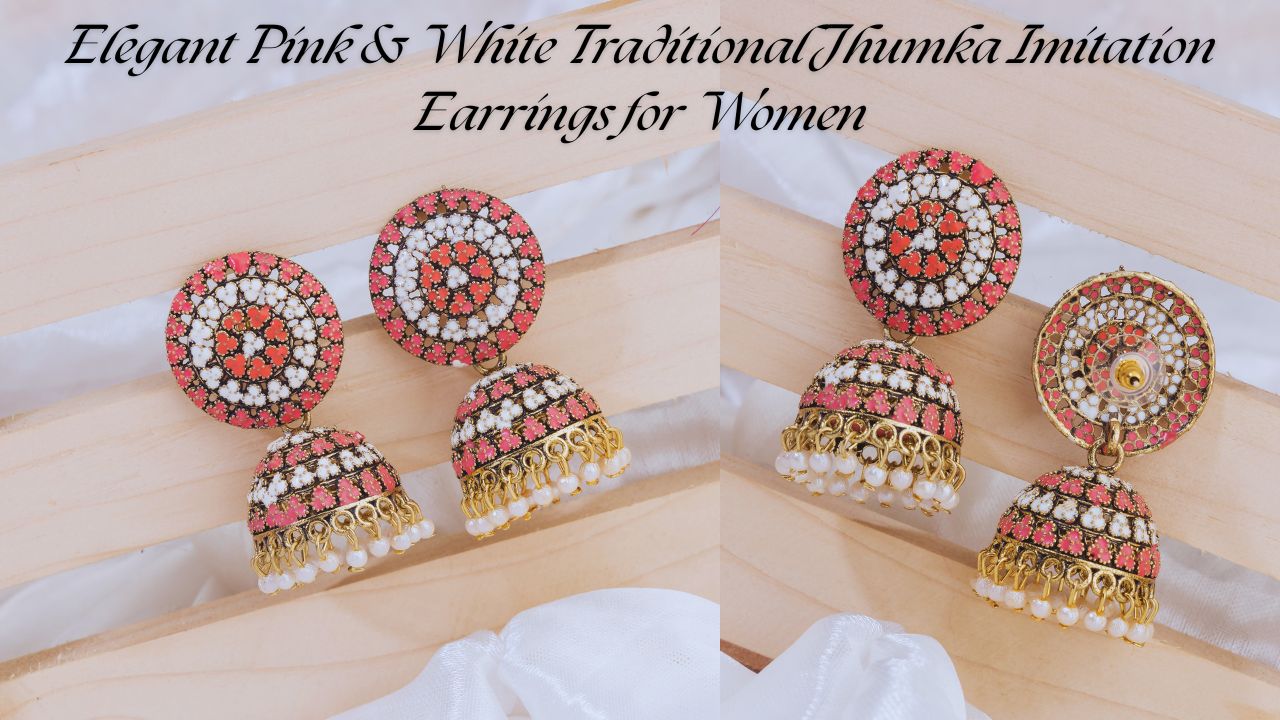 ElegantPink&WhiteTraditionalJhumkaImitationEarringsf