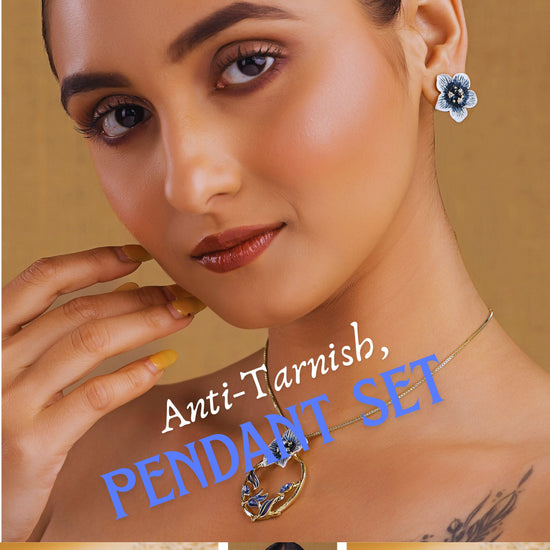 Elegant flower pendant necklace and earrings set for women with blue floral design