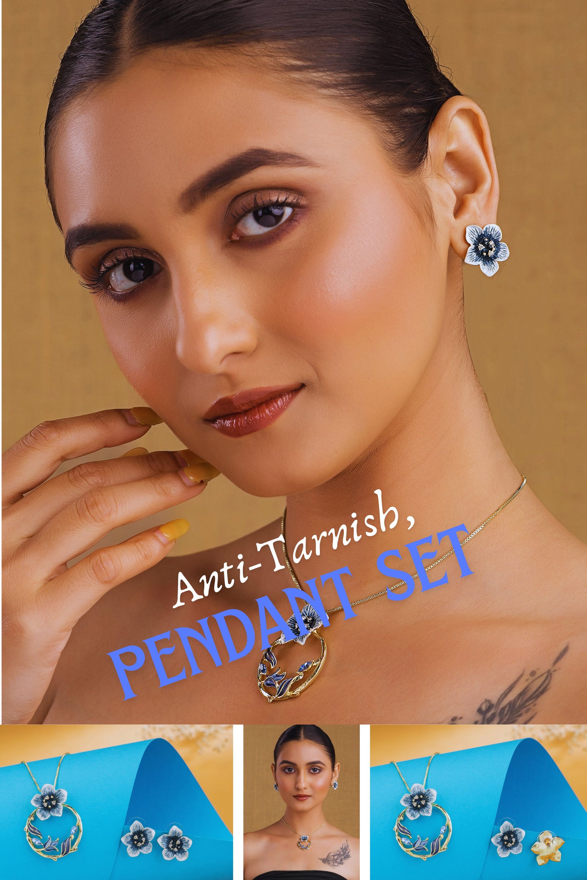 Elegant flower pendant necklace and earrings set for women with blue floral design