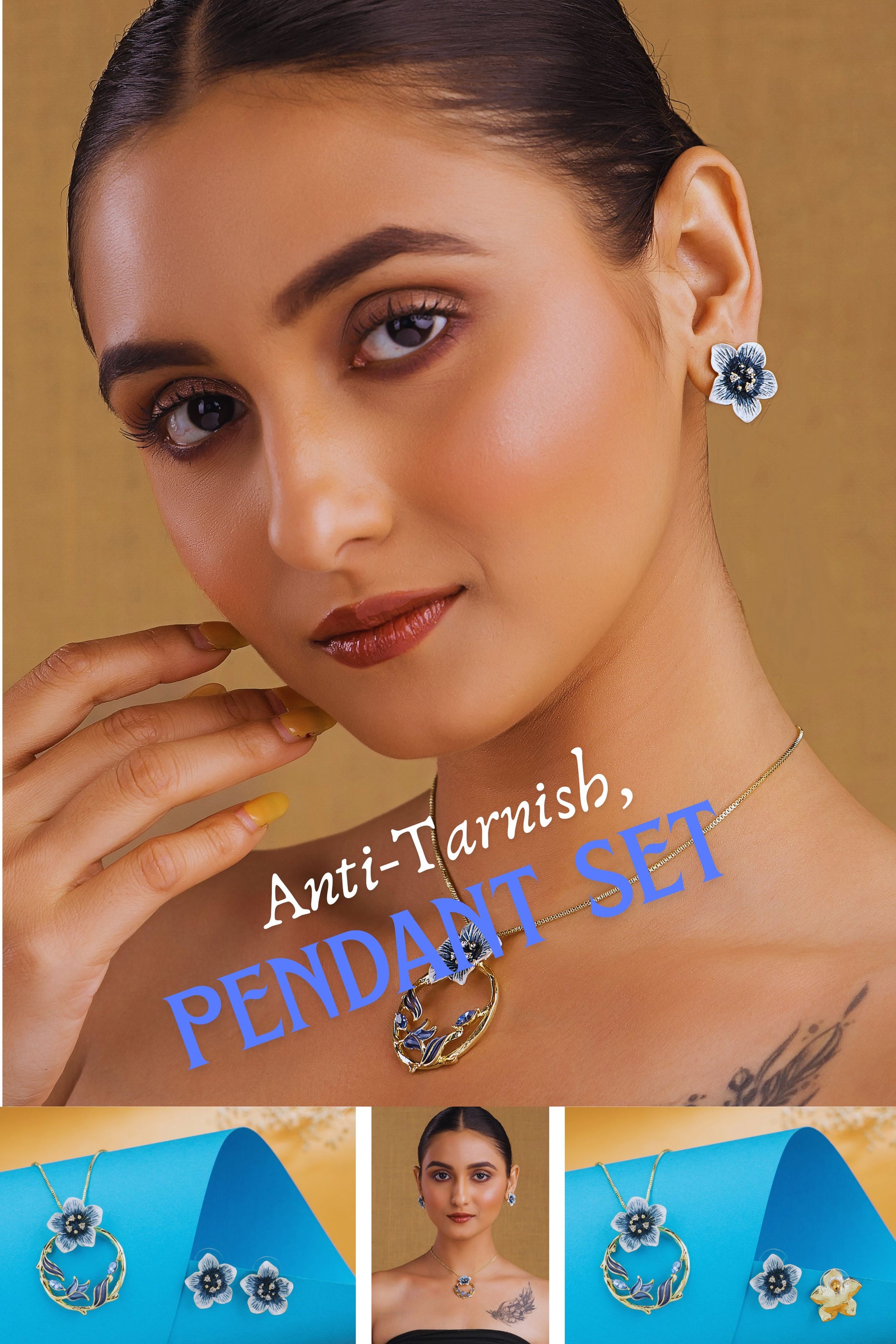 Elegant flower pendant necklace and earrings set for women with blue floral design