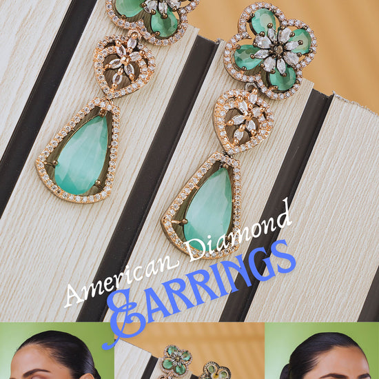 Luxury Green Crystal Flower American Diamond Drop Earrings for Women & Girls