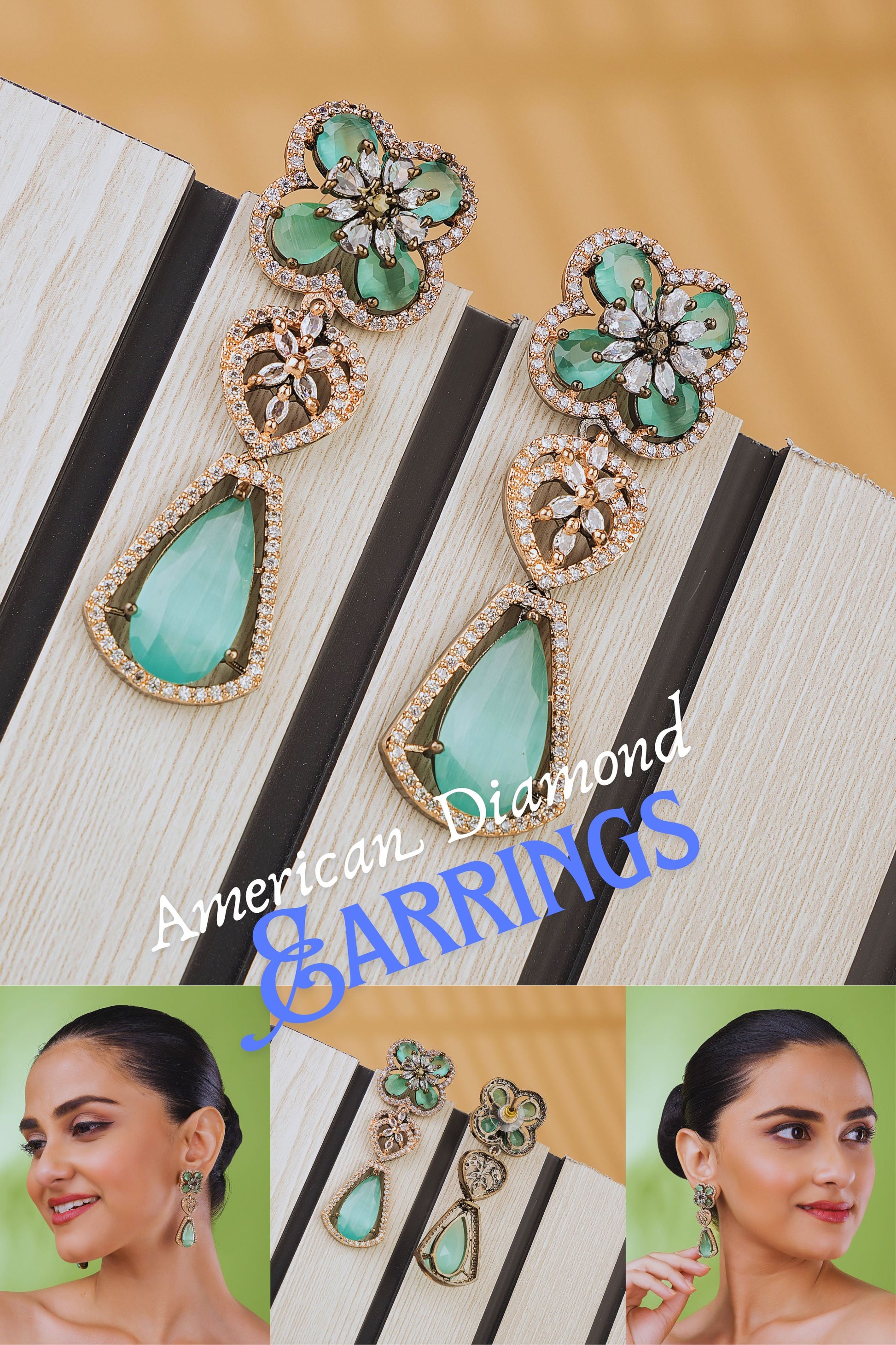 Luxury Green Crystal Flower American Diamond Drop Earrings for Women & Girls