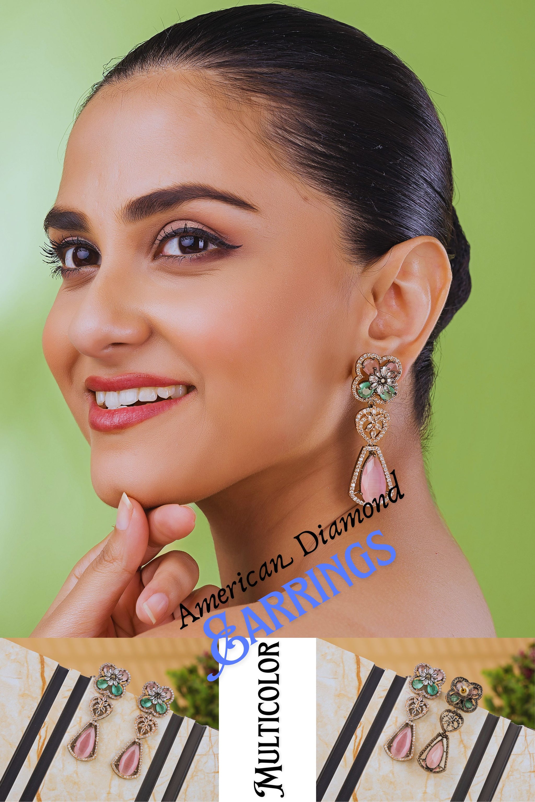 Luxury Multicolor Crystal Flower American Diamond Drop Earrings for Women & Girls