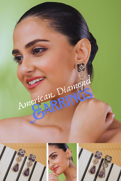 Luxury Purple Crystal Flower American Diamond Drop Earrings for Women & Girls