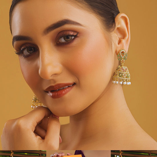 Royal Green & Ruby American Diamond Jhumka Earrings with Pearls