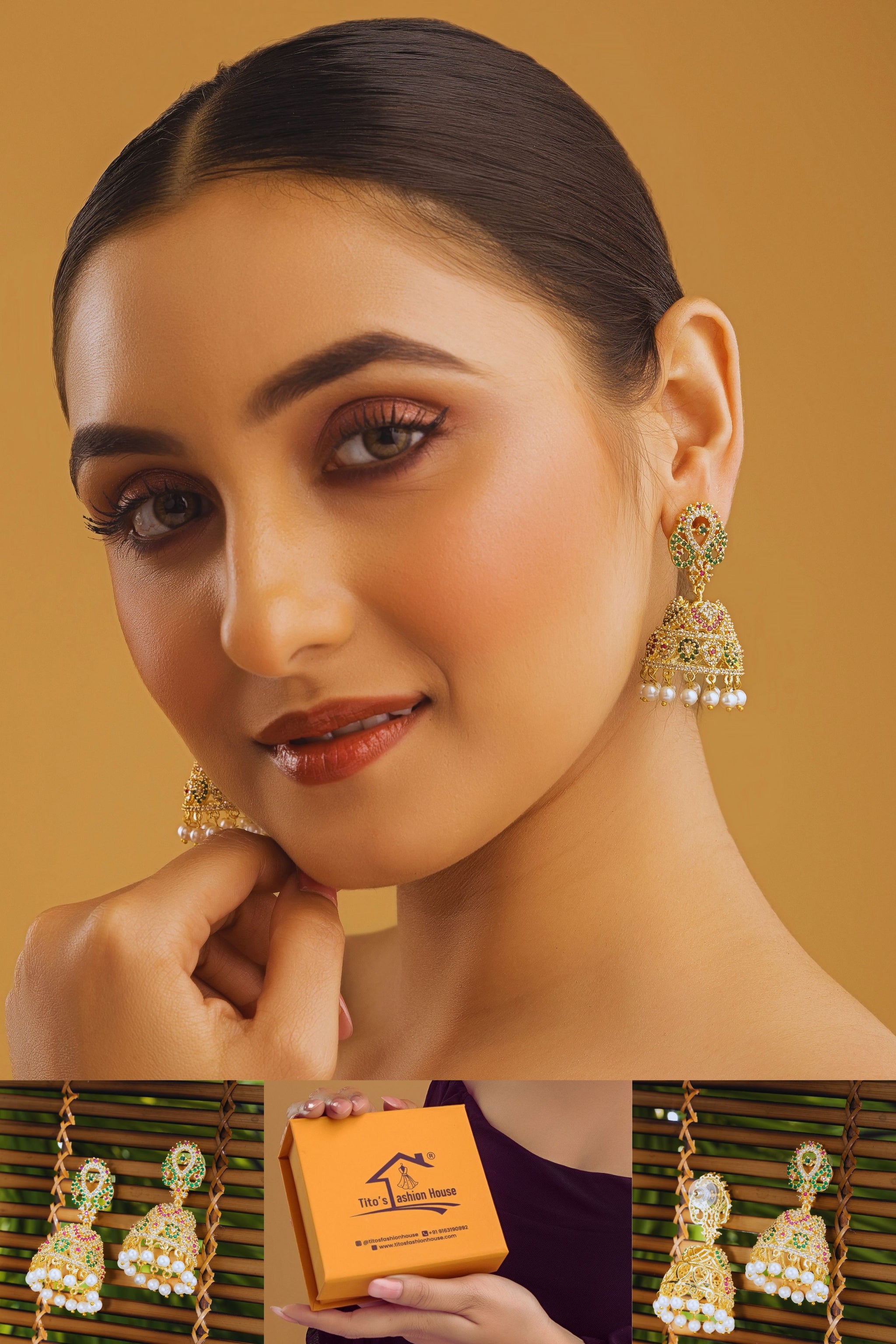 Royal Green & Ruby American Diamond Jhumka Earrings with Pearls