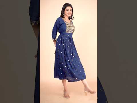 Elegant Navy Blue Embroidered Cotton Gown with Gold Motif