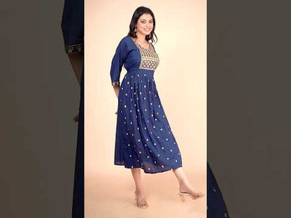 Elegant Navy Blue Embroidered Cotton Gown with Gold Motif