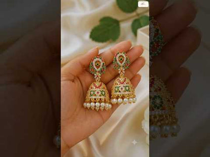 Royal Green & Ruby American Diamond Jhumka Earrings with Pearls