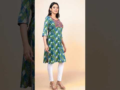 Printed Kurti for Women – Green & Blue Geometric Print Kurti with Embroidered Neckline, 3/4 Sleeve Ethnic Wear